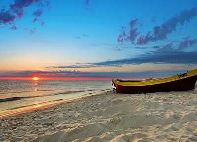 sunset, ocean, clouds, landscapes, Sun, sand, boats, vehicles, beaches - related desktop wallpaper