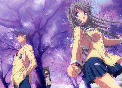 school uniforms, Clannad, Sakagami Tomoyo, Ibuki Fuko, Okazaki Tomoya, low-angle shot - random desktop wallpaper