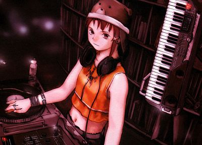 headphones, brunettes, music, Serial Experiments Lain, anime, DJ, hats - random desktop wallpaper