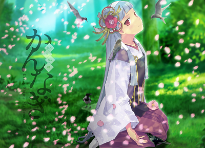 cherry blossoms, birds, Kannagi: Crazy Shrine Maidens, Japanese clothes, Nagi (Kannagi) - random desktop wallpaper