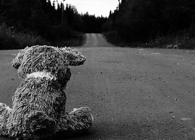 sad, roads, stuffed animals, monochrome, teddy bears - desktop wallpaper