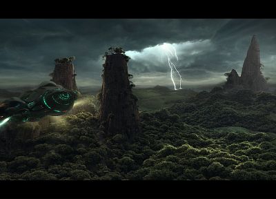 forests, CGI, bolt, spaceships, science fiction, vehicles, lightning - related desktop wallpaper