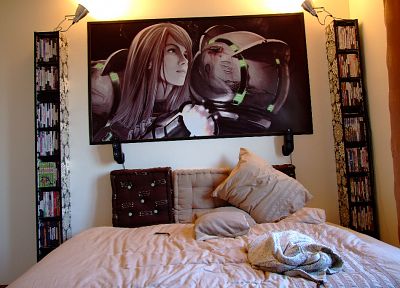 Metroid, beds, artwork, bookshelf, Sony Ericsson - random desktop wallpaper
