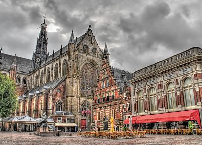clouds, trees, cityscapes, architecture, buildings, Europe, Holland, cathedrals, HDR photography, Haarlem - random desktop wallpaper