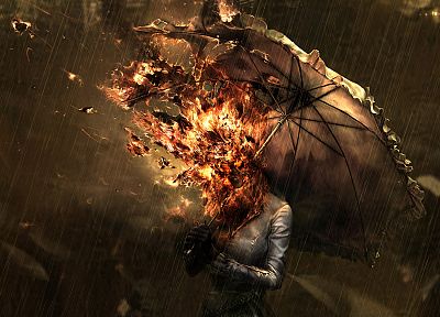 women, rain, fire, CGI, artwork, umbrellas - random desktop wallpaper