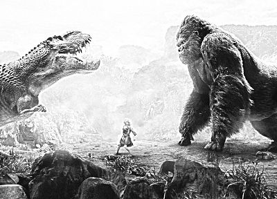 grayscale, King Kong, Tyrannosaurus Rex - duplicate desktop wallpaper