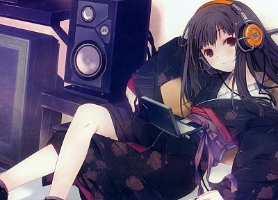 headphones, speakers, anime, Japanese clothes, anime girls - desktop wallpaper