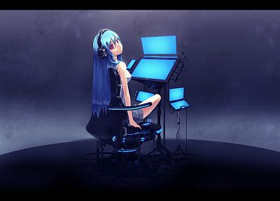 headphones, blue hair, red eyes, original characters - desktop wallpaper