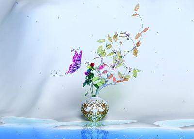 leaves, CGI, plants, butterflies, K3 Studio - random desktop wallpaper