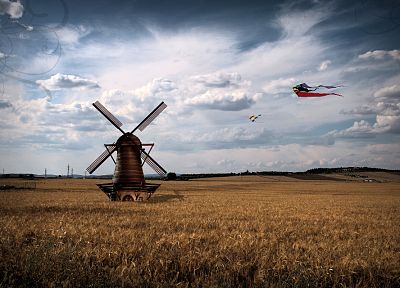 clouds, landscapes, kite, windmills - random desktop wallpaper