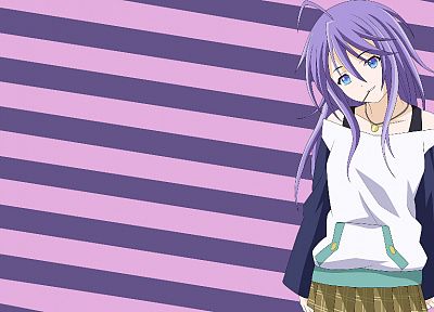 blue eyes, Shirayuki Mizore, purple hair, Rosario to Vampire, stripes, bare shoulders - desktop wallpaper