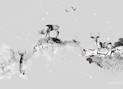 abstract, mountains, deer, grayscale, lines, Desktopography - related desktop wallpaper