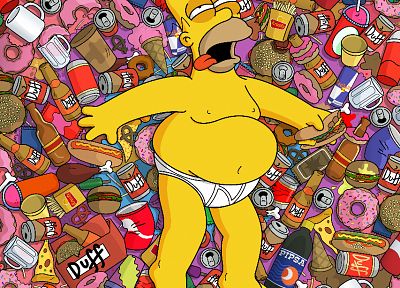 beers, food, ice cream, bottles, pizza, Homer Simpson, donuts, hotdogs, The Simpsons, french fries, hamburgers, beer cans - random desktop wallpaper