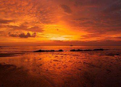 sunset, ocean, landscapes, nature, sand, orange, ships, beaches - related desktop wallpaper