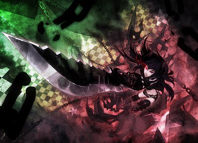 Black Rock Shooter, weapons, red eyes, chains, Black Gold Saw, anime girls - related desktop wallpaper