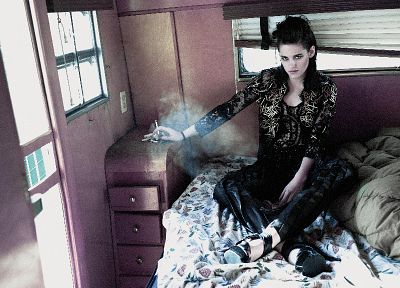 women, Kristen Stewart, beds, cigarettes - desktop wallpaper