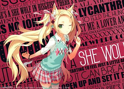 blondes, women, text, schoolgirls, long hair, typography, animal ears, thigh highs, twintails, anime girls, H2SO4 (Illustrator), original characters - newest desktop wallpaper