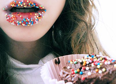 brunettes, women, lips, cupcakes, teeth, sprinkles, icing - duplicate desktop wallpaper