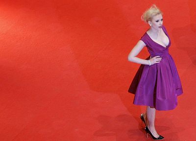 women, Scarlett Johansson, actress, high heels, purple dress - desktop wallpaper