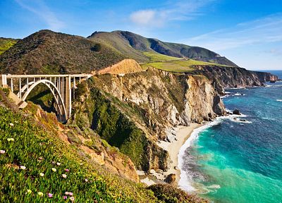 landscapes, coast, flowers, hills, bridges, USA, California, sea, big sur california - desktop wallpaper