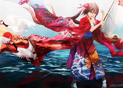 brunettes, water, clouds, flowers, birds, waves, long hair, brown eyes, kimono, flags, twintails, artwork, Japanese clothes, anime girls - related desktop wallpaper