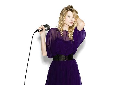 blondes, women, Taylor Swift, celebrity, purple dress, simple background, microphones, white background - random desktop wallpaper