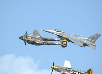 aircraft, falcon, F-16 Fighting Falcon, lightning, P-38 Lightning, P-51 Mustang - desktop wallpaper