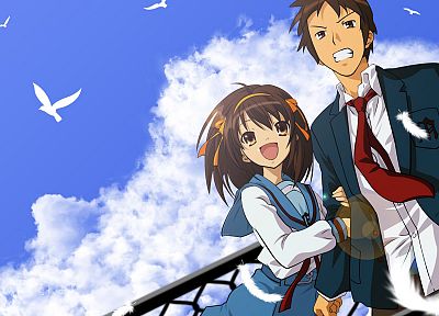 school uniforms, The Melancholy of Haruhi Suzumiya, Kyon, anime, Suzumiya Haruhi - random desktop wallpaper