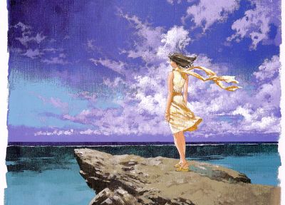 clouds, rocks, rahxephon, artwork, anime girls, windy, sea - related desktop wallpaper