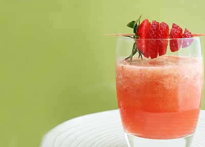 glass, cocktail, strawberries, apples - desktop wallpaper