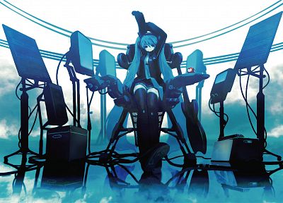 headphones, blue, Vocaloid, stockings, Hatsune Miku, blue eyes, tie, skirts, long hair, technology, blue hair, thigh highs, twintails, chairs, sitting, reflections, Huke, anime girls, hair ornaments, arms raised, bangs, black stockings - related desktop wallpaper