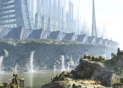 fantasy, futuristic, future, bridges, towns, poor, skyscrapers, science fiction, windmills - related desktop wallpaper