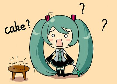 Vocaloid, Hatsune Miku, chibi, long hair, thigh highs, green hair, twintails, open mouth, Hachune Miku, detached sleeves, hair ornaments, Vocaloid Fanmade, cakes - related desktop wallpaper