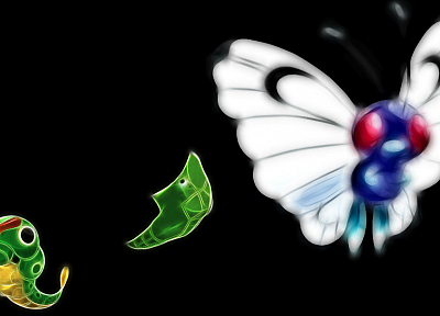 Pokemon, Metapod, Caterpie, Butterfree, black background - desktop wallpaper
