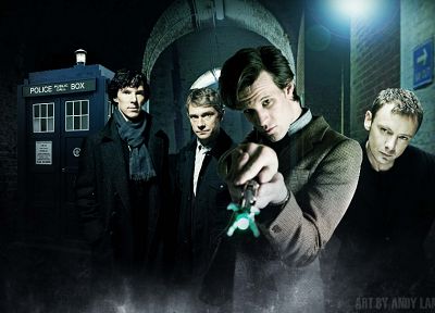 TARDIS, Matt Smith, BBC, Sherlock Holmes, Eleventh Doctor, The Master, Doctor Who, John Simm, crossovers, Benedict Cumberbatch, Martin Freeman, Sherlock BBC - desktop wallpaper