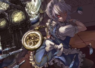 Touhou, dress, maids, clocks, Izayoi Sakuya, red eyes, knives, white hair, games - related desktop wallpaper