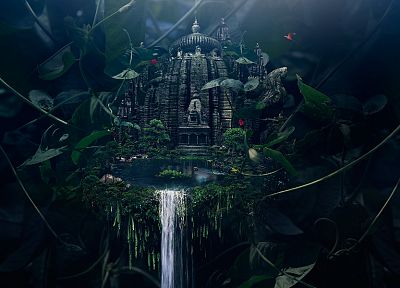 nature, temples, digital art, artwork, lakes, Justin Maller, photo manipulation - desktop wallpaper