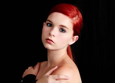 women, blue eyes, redheads, simple background, black background, Karoline Kate, teens - random desktop wallpaper