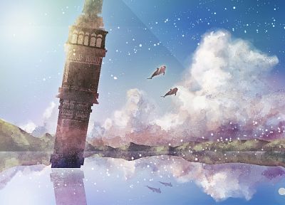 tower, artwork, anime, lakes, dolphins, skyscapes - duplicate desktop wallpaper