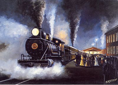 paintings, smoke, trains, train stations, steam engine, vehicles - random desktop wallpaper