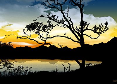 trees, silhouettes, lakes - random desktop wallpaper