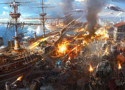 fantasy, aircraft, war, cityscapes, explosions, fire, smoke, ships, weapons, 3D, Jaecheol Park - random desktop wallpaper
