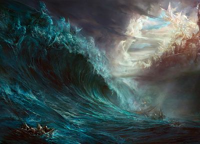 water, clouds, war, back, waves, ships, horses, battles, artwork, vehicles - related desktop wallpaper