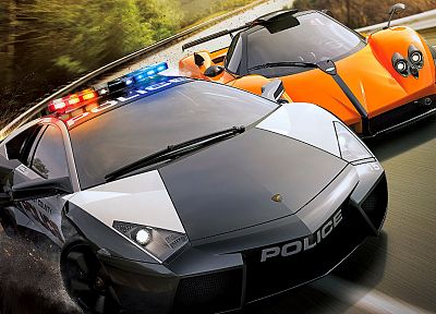 video games, cars, police, Need for Speed, racer, Lamborghini Reventon, Pagani Zonda Cinque, Need for Speed Hot Pursuit, games - related desktop wallpaper