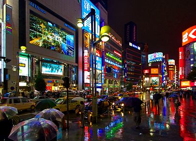 Tokyo, night, rain, cars, shinjuku, umbrellas, pedestrians - random desktop wallpaper