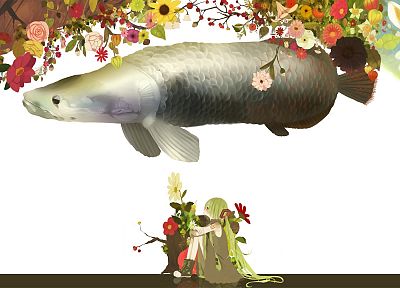 Vocaloid, flowers, Hatsune Miku, fish, twintails - random desktop wallpaper