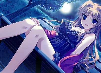 light, brunettes, dress, night, blue eyes, Moon, long hair, bench, game CG, Midori, anime girls, Midori no Umi - desktop wallpaper