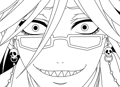skulls, glasses, Kuroshitsuji, smiling, monochrome, Grell Sutcliff - random desktop wallpaper