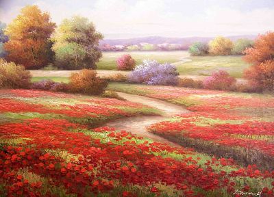 red, flowers, fields, paths, drawings, poppy - related desktop wallpaper