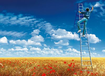 clouds, artwork, poppy, ladder, painters, skyscapes, poppies, blue skies - desktop wallpaper